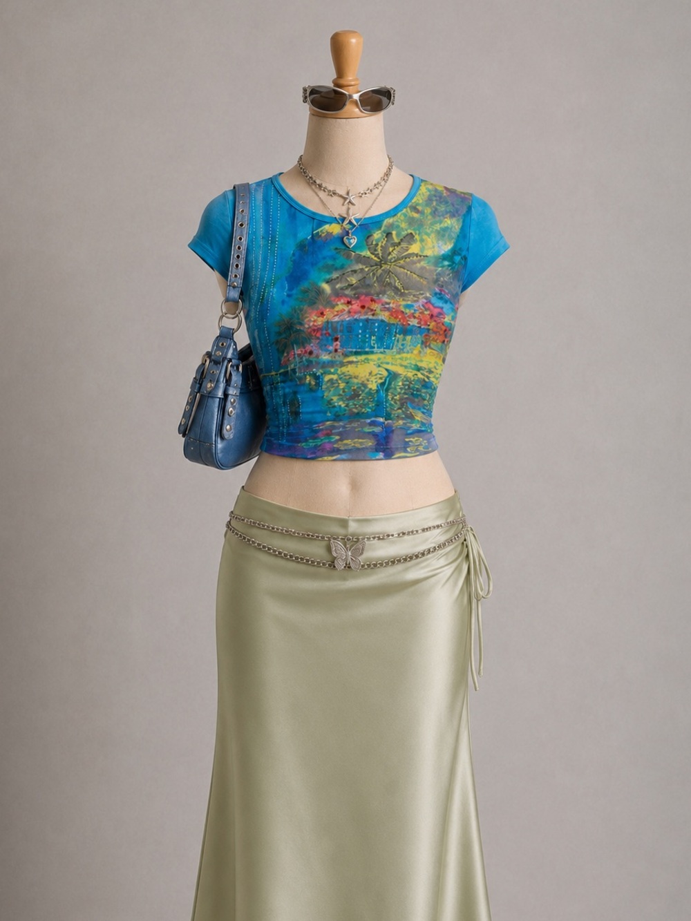 Papa Fashions Tropical Graphic Print Ribbed Top Size M - Beaded Accent